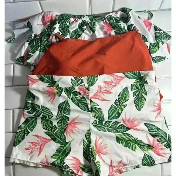 Floral Tropical Leaves Flowers Women’s Swimsuit With Two Tops L,1 Bottom Xl 3pcs - Picture 1 of 16